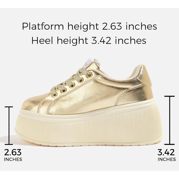Lucky Step Women Gold Platform Low Top Classic Wedge Retro Canvas Sneakers - Picture 3 of 9